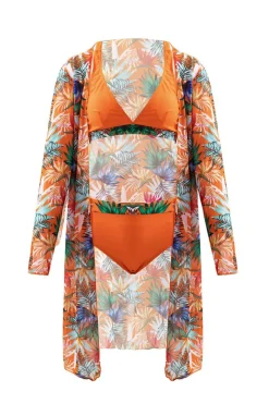 Online Dear-Lover 3pcs Tropical Contrast Trim Halter Bikini Set with Cover up Carrot