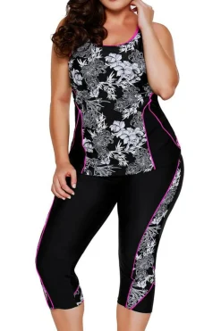 Outlet Dear-Lover Carved Flowery Print Tankini and Capris Set Black