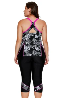 Outlet Dear-Lover Carved Flowery Print Tankini and Capris Set Black
