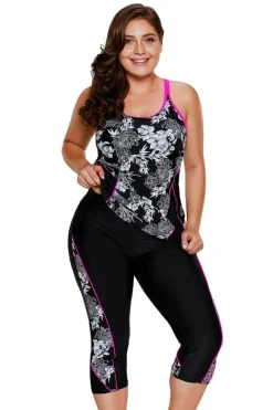 Outlet Dear-Lover Carved Flowery Print Tankini and Capris Set Black
