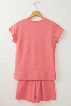 Outlet Dear-Lover Casual Checkered Textured Tee and Drawstring Shorts Pale Chestnut
