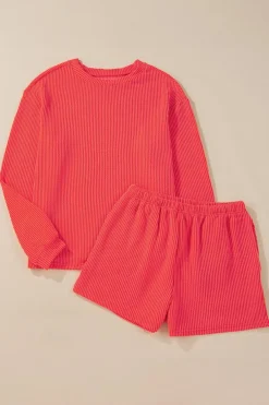 Sale Dear-Lover Casual Corded Knit Long Sleeve Top and High Waist Shorts Set Gold Flame