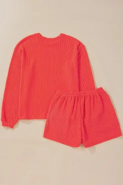 Sale Dear-Lover Casual Corded Knit Long Sleeve Top and High Waist Shorts Set Gold Flame