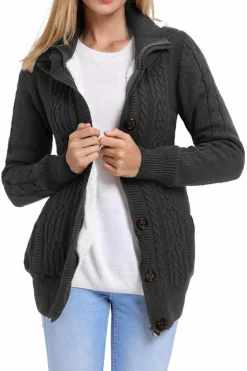 Discount Dear-Lover Charcoal Long Sleeve Button-up Hooded Cardigans Gray