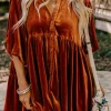 New Dear-Lover 3/4 Sleeve Tunic Babydoll Velvet Shirt Chestnut