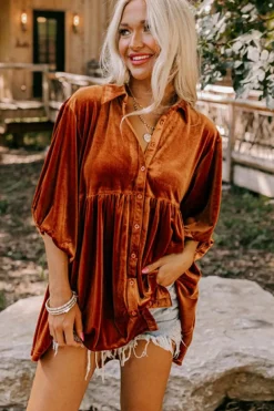 New Dear-Lover 3/4 Sleeve Tunic Babydoll Velvet Shirt Chestnut