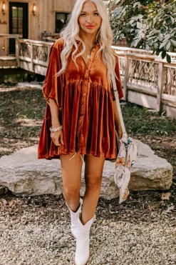 New Dear-Lover 3/4 Sleeve Tunic Babydoll Velvet Shirt Chestnut