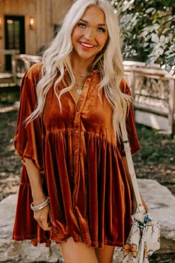 New Dear-Lover 3/4 Sleeve Tunic Babydoll Velvet Shirt Chestnut