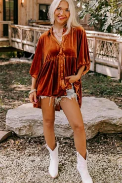 New Dear-Lover 3/4 Sleeve Tunic Babydoll Velvet Shirt Chestnut