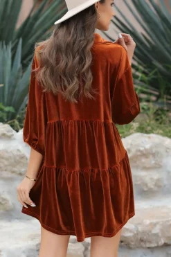 New Dear-Lover 3/4 Sleeve Tunic Babydoll Velvet Shirt Chestnut