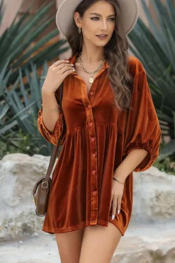 New Dear-Lover 3/4 Sleeve Tunic Babydoll Velvet Shirt Chestnut