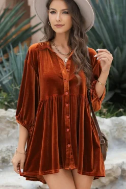 New Dear-Lover 3/4 Sleeve Tunic Babydoll Velvet Shirt Chestnut