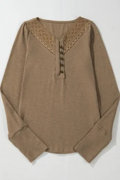 Discount Dear-Lover Anglaise Broider Ribbed Long Sleeve Top Chestnut