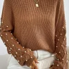 Clearance Dear-Lover Beaded Drop Shoulder Round Neck Sweater Chestnut
