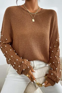 Clearance Dear-Lover Beaded Drop Shoulder Round Neck Sweater Chestnut