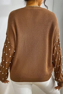 Clearance Dear-Lover Beaded Drop Shoulder Round Neck Sweater Chestnut