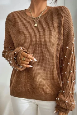 Clearance Dear-Lover Beaded Drop Shoulder Round Neck Sweater Chestnut