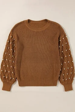 Clearance Dear-Lover Beaded Drop Shoulder Round Neck Sweater Chestnut