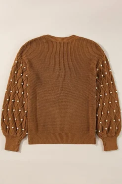 Clearance Dear-Lover Beaded Drop Shoulder Round Neck Sweater Chestnut