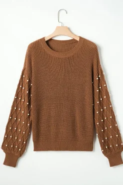 Clearance Dear-Lover Beaded Drop Shoulder Round Neck Sweater Chestnut