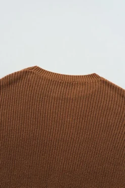 Clearance Dear-Lover Beaded Drop Shoulder Round Neck Sweater Chestnut