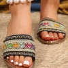 Clearance Dear-Lover Bohemian Pattern Crochet Faux Leather Beach Slippers Chestnut