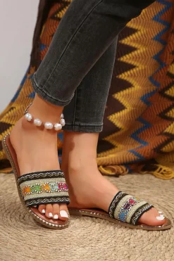 Clearance Dear-Lover Bohemian Pattern Crochet Faux Leather Beach Slippers Chestnut