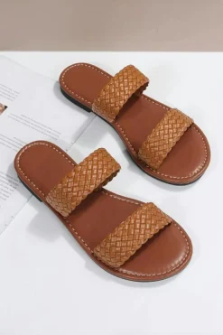 Clearance Dear-Lover Braided Double Band Leathered Flat Slippers Chestnut