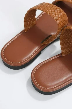 Clearance Dear-Lover Braided Double Band Leathered Flat Slippers Chestnut