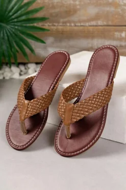 Sale Dear-Lover Braided Strap PU Leather Flip Flop Chestnut