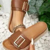 Fashion Dear-Lover Buckle Decor PU Leather Woven Wedge Slippers Chestnut