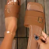 Discount Dear-Lover Buckle Decor Square Toe PU Leather Flat Slippers Chestnut