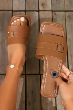 Discount Dear-Lover Buckle Decor Square Toe PU Leather Flat Slippers Chestnut