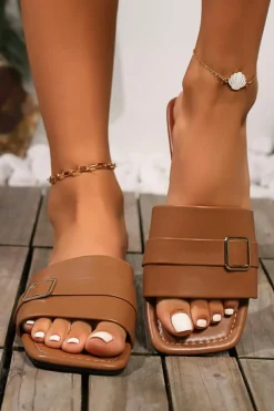 Discount Dear-Lover Buckle Decor Square Toe PU Leather Flat Slippers Chestnut