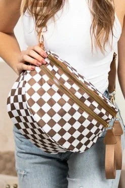 Online Dear-Lover Checkered Print Wide Strap Large Crossbody Bag Chestnut