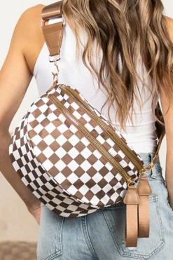 Online Dear-Lover Checkered Print Wide Strap Large Crossbody Bag Chestnut