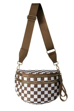 Online Dear-Lover Checkered Print Wide Strap Large Crossbody Bag Chestnut