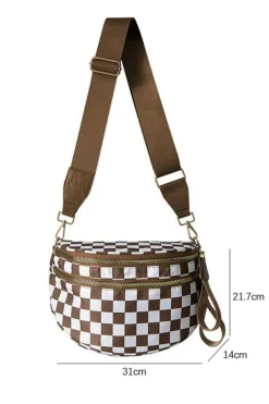 Online Dear-Lover Checkered Print Wide Strap Large Crossbody Bag Chestnut
