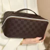 Hot Dear-Lover Checkered Zipper Handle PU Leather Travel Makeup Bag Chestnut