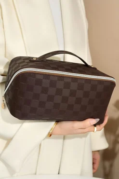 Hot Dear-Lover Checkered Zipper Handle PU Leather Travel Makeup Bag Chestnut