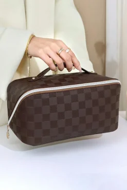 Hot Dear-Lover Checkered Zipper Handle PU Leather Travel Makeup Bag Chestnut