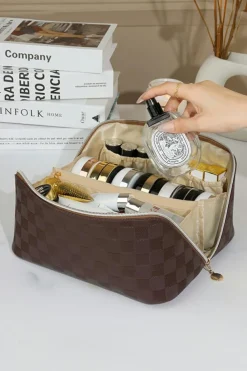 Hot Dear-Lover Checkered Zipper Handle PU Leather Travel Makeup Bag Chestnut