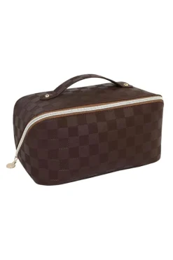 Hot Dear-Lover Checkered Zipper Handle PU Leather Travel Makeup Bag Chestnut