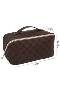 Hot Dear-Lover Checkered Zipper Handle PU Leather Travel Makeup Bag Chestnut