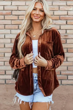 New Dear-Lover Chest Pocket Velvet Shirt Chestnut