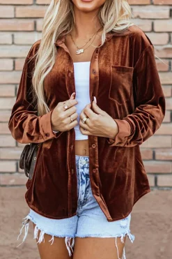New Dear-Lover Chest Pocket Velvet Shirt Chestnut