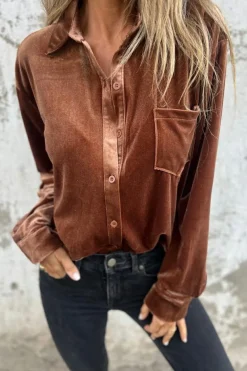 New Dear-Lover Chest Pocket Velvet Shirt Chestnut