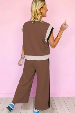 Hot Dear-Lover Color Block Detail Casual Two-piece Outfit Chestnut