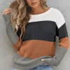 Hot Dear-Lover Color Block Knitted O-neck Pullover Sweater Chestnut