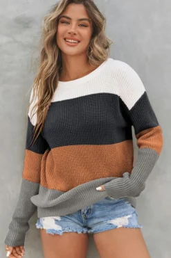 Hot Dear-Lover Color Block Knitted O-neck Pullover Sweater Chestnut